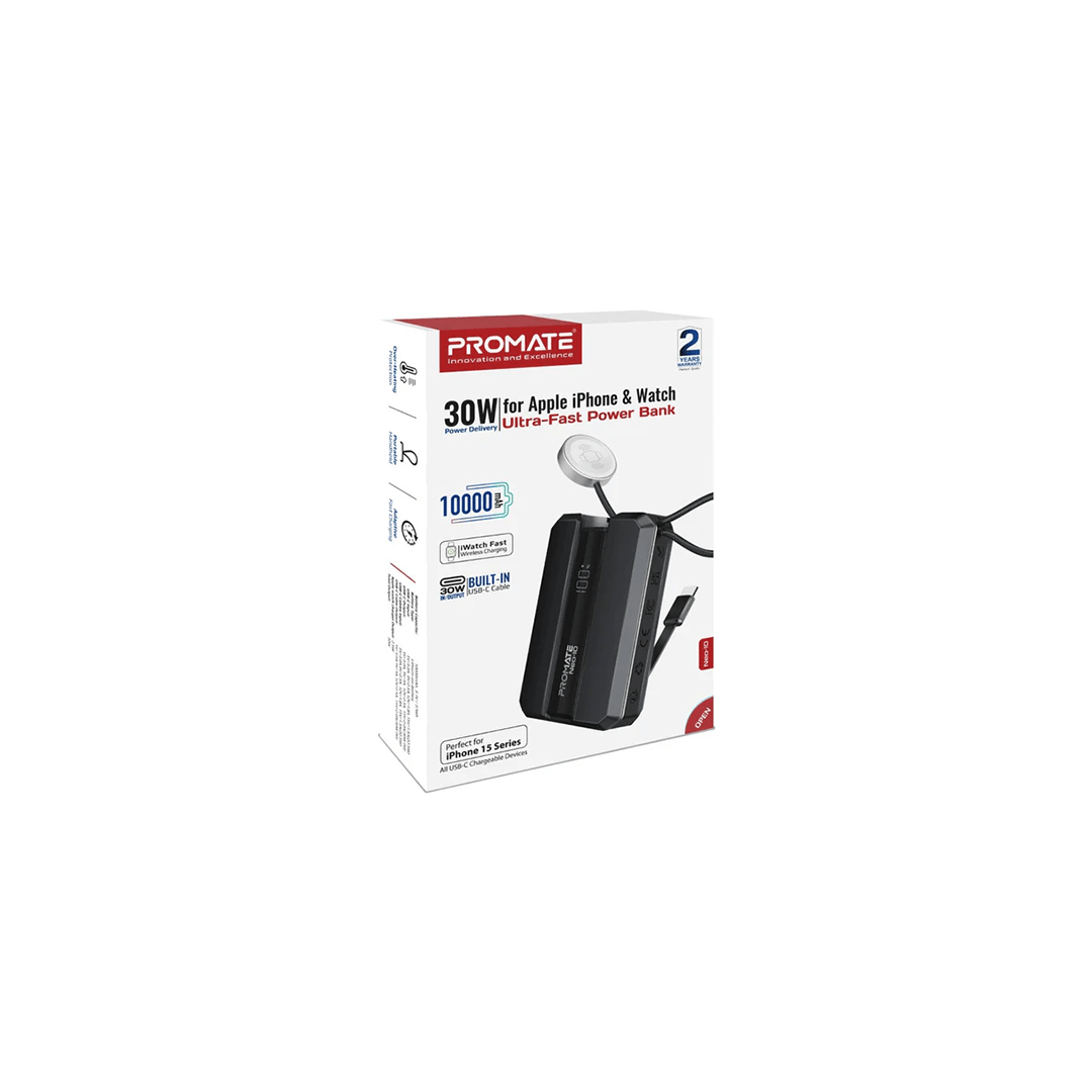 Promate Neo-10 30W 10000mAh Power Delivery Smartphone & Apple Watch Charging Power Bank with in-built USB-C Cable - Black in Qatar Promate Neo-10 30W 10000mAh Power Delivery Smartphone & Apple Watch Charging Power Bank with in-built USB-C Cable - Black in Qatar